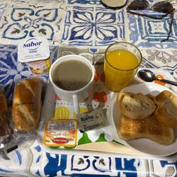 Breakfast at the hostel. There is no shortage of carbs. €5 -- but was so nice to have coffee!