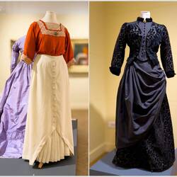 Day dresses; the one one the right has a bustle @ Arkas Sanat Alsancak — İzmir, Türkiye.