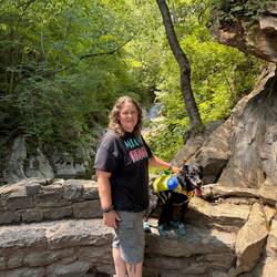 This is Kris and midnight in front of lace Falls. The fall look like a veil of lace.