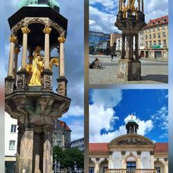Vergoldete Kopie des Magdeburger Reiters aus dem Jahr 1966 und Altes Rathaus auf dem Alten Markt