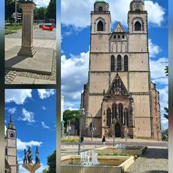 Hirschsäule, Skulptur "Fünf Sinne", rechts: St. Johannis-Kirche