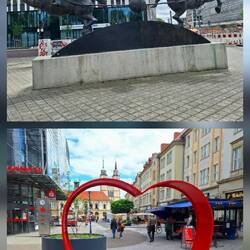 Oben: Magdeburger Halbkugeln auf dem Ratswaageplatz. Unten: ♥️-Skulptur am Alten Markt
