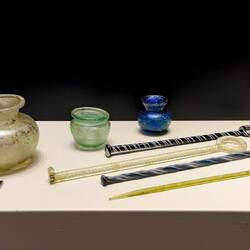Glass jars and stirring sticks used in medical practices (Roman Period).