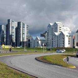 Saebraut seaside walk; view of modern buildings