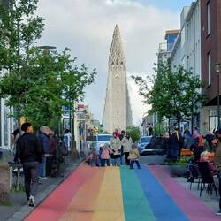 Rainbow Street, with Hallgrímskirkja in the distance