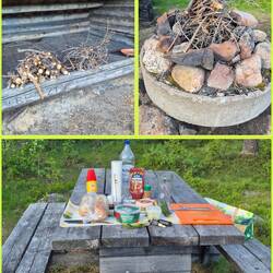 Und Holz gesammelt, zerkleinert + Feuerstelle vorbereitet. Auch das Abendessen kann bald losgehen.