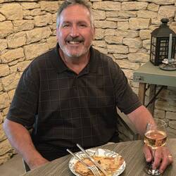 Tom's late night dinner of pancakes (and wine from our Welcome basket) - ha!