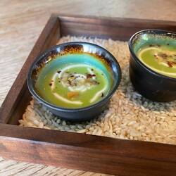 Green gazpacho with Aleppo pepper and crème fraiche