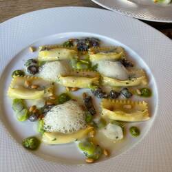 Goat cheese agnolotti with salted morels and fava beans and pesto