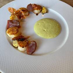 Scallop with cauliflower sauce and fried prosciutto