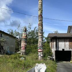 Several more totem poles in front of Fort Rupert residences.