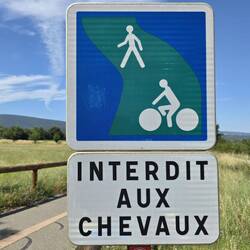 Since we've been riding mainly on roads, it was fun to discover this cycle path! [No horses allowed]