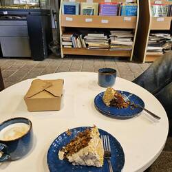 Visitor centre carrot cake for Will and Al with a boxed slice to take back for Vicky