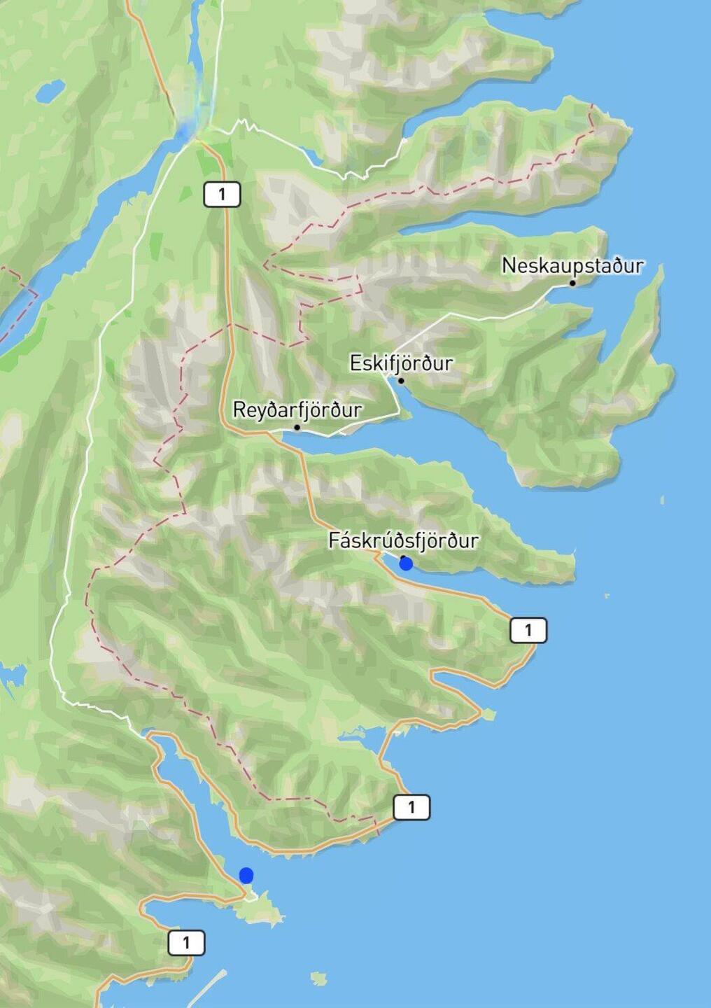 Eastern Fjords region: The lower blue dot is Djupivogur, and the upper blue dot is Faskrudsfjordur