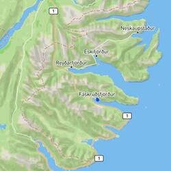 Eastern Fjords region: The lower blue dot is Djupivogur, and the upper blue dot is Faskrudsfjordur