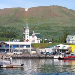 View from the harbour back to the church