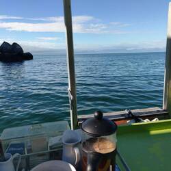 Anchored by Split Apple Rock for coffee & biscuits