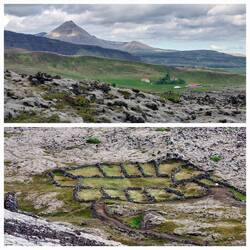 Views from Grabrok Crater; General view / Down to an old sheep pen