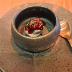 Amuse Bouche at WYRAJ of goose liver pate with wild berries