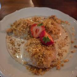 Strawberry filled Dumpling with a runny custard and crumble