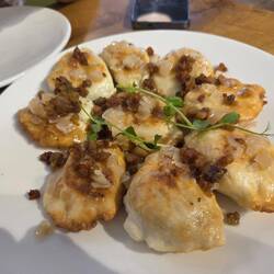 Fried assorted pierogi. Duck, meat and cabbage and lentil
