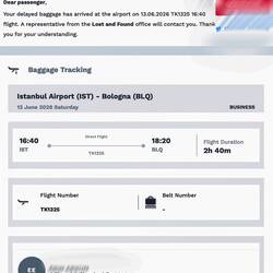 Notification of delayed bag delivery from THY.