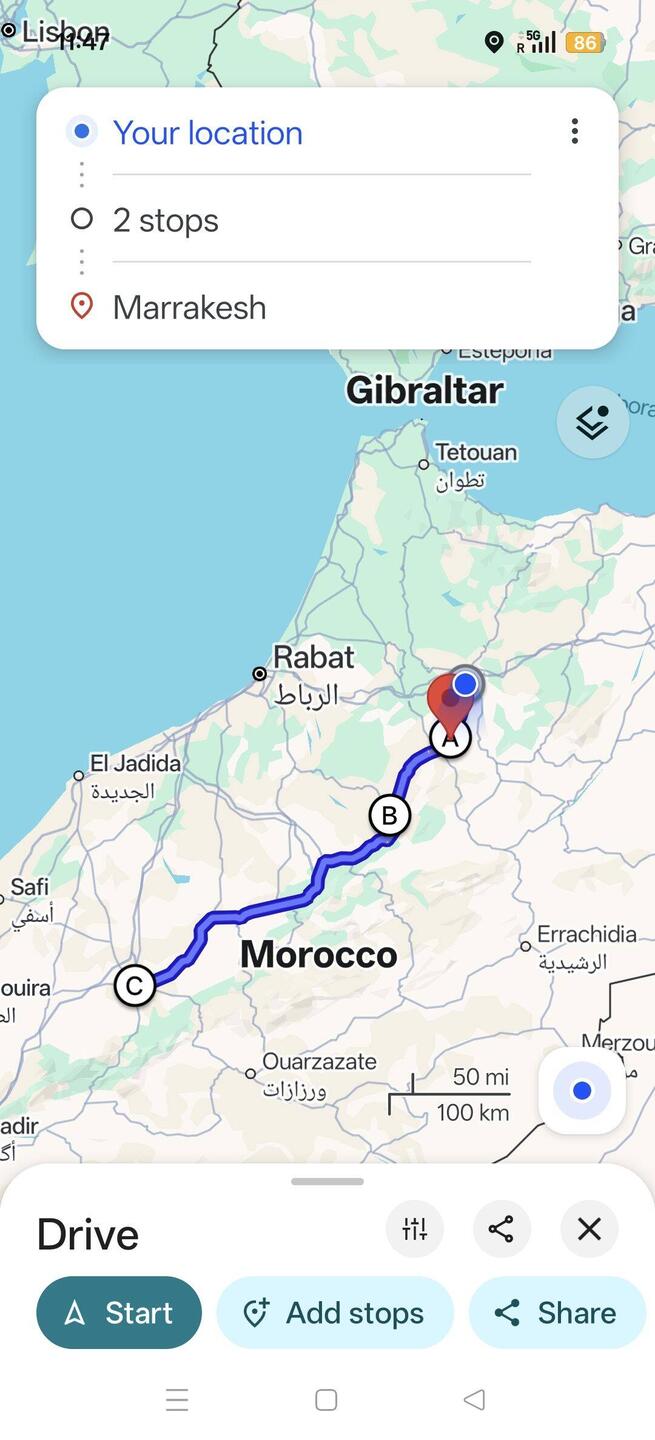 Map showing location of Fes to Marrakesh a 8-9 hour drive