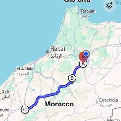 Map showing location of Fes to Marrakesh a 8-9 hour drive