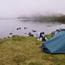 My end of day pitch beside Llyn Hywel amongst atmospheric mist