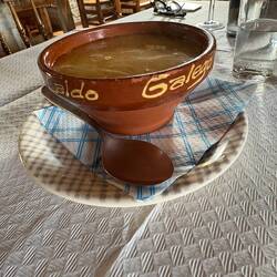 Galician soup, first course of my pilgrim's dinner. Steak & fries, then cheese & honey for dessert.