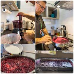 Cherries macerated; lemon juice and sugar added; concoction boiled ... marmalade now 'resting'.