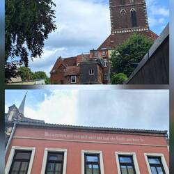 Oben: der 80 Meter hohe Turm der St.-Marien-Kirche - Unten: "Häuslekäuferspruch"