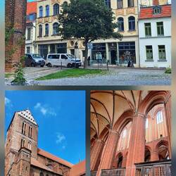 Oben: Jugendstilgebäude mit Doppelgiebel - Unten: St.-Nikolai-Kirche