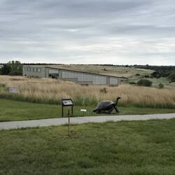 The rhino barn in the distance where the dig site is located.