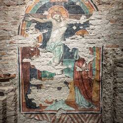 13th century fresco of the crucifixion w/the Virgin Mary & St. John — Crypt of San Colombano.