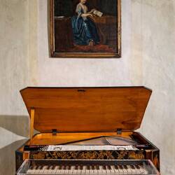 Sewing box piano; Austria (c. 1820); note the sewing kits under the keyboard.