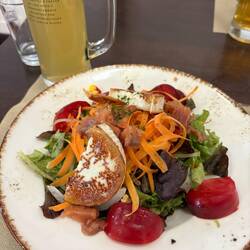 Fried goat cheese and smoked salmon salad. I was worried for a sec those were beets. They were not.