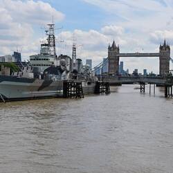 HMS Belfast, in front of the Tower Bridge
