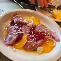 Crudo with beets. Couldn't taste the elderflower. Some Fish was fishy