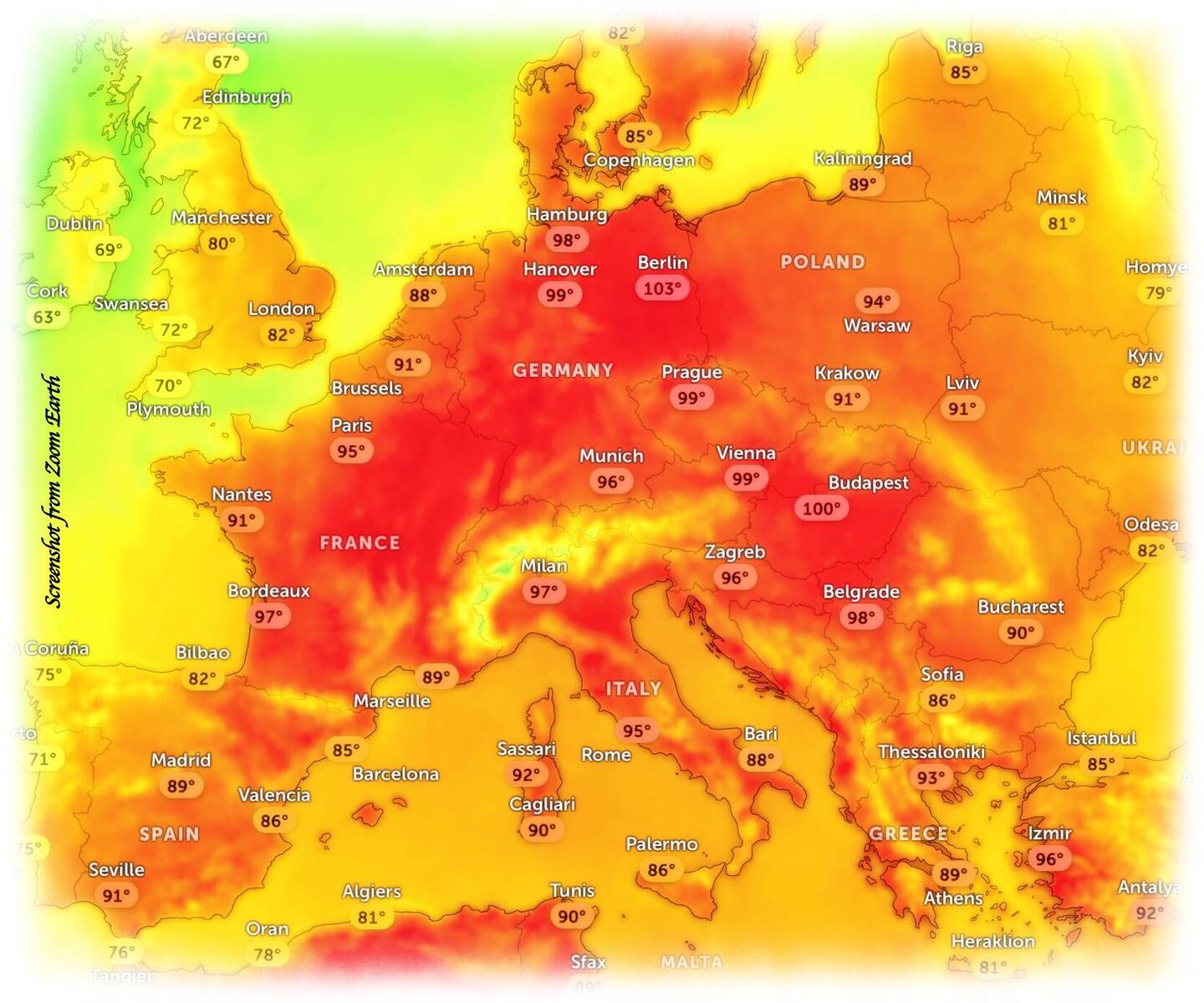 The heat is on; the Dolomiti are calling (yellow area north of Milan ... with some green).