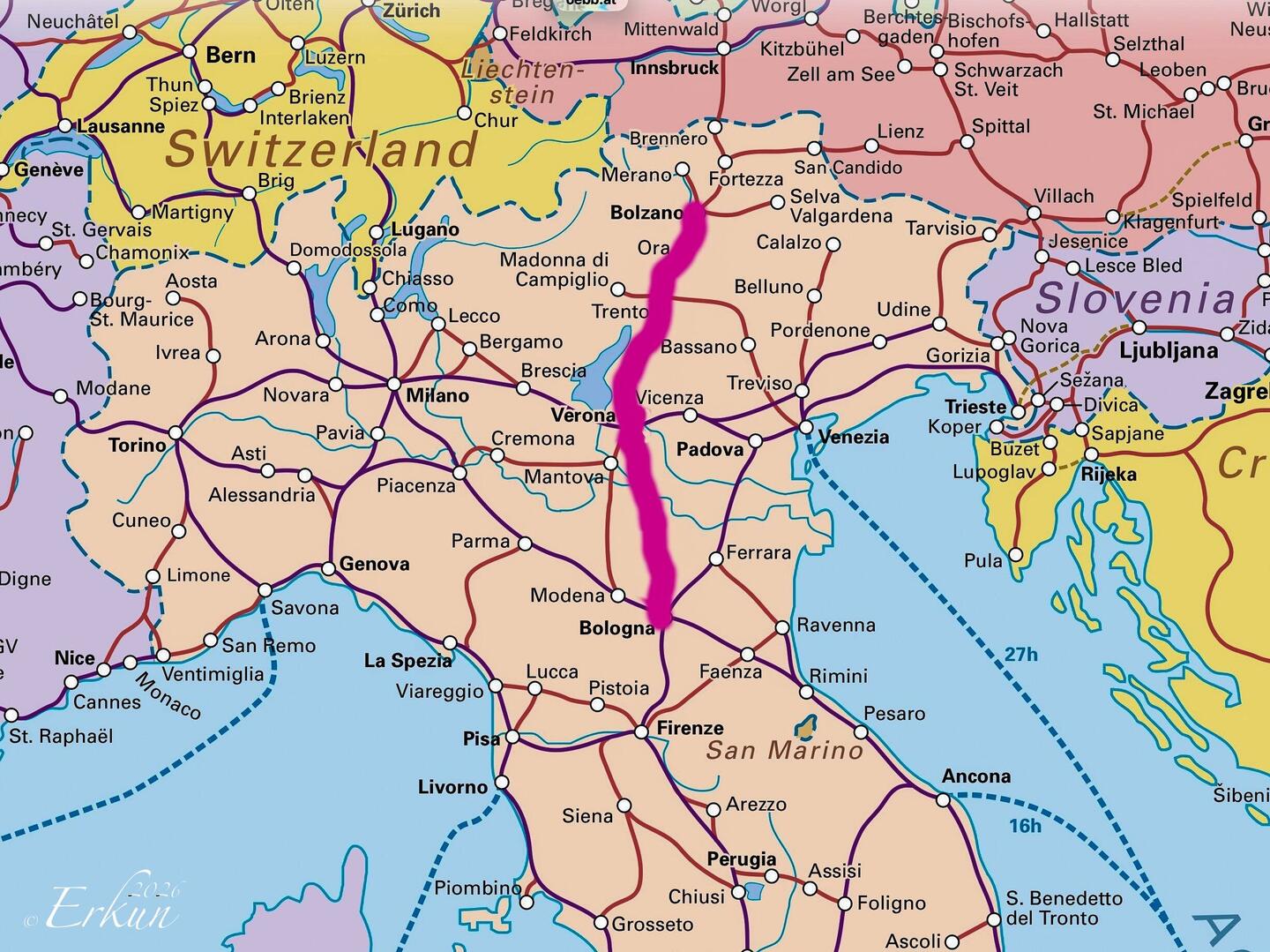 Our 4-stop route highlighted — Onboard ÖBB's RailJet from Bologna to Bolzano.