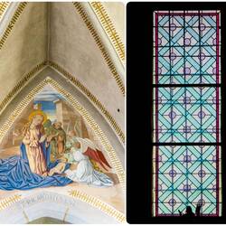 A mural and a stained glass window from Chiesa di Colle Santa Lucia.