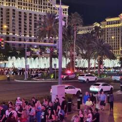 Fountains playing outside the Bellagio Hotel (at set times). Huge crowds gather to view them.
