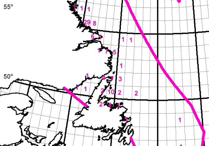 Iceberg chart July 4th. During the night I crossed the empty square, during the day the "5".