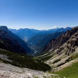 Looking down to the valley from Refugio Auronzo near the Tre Cime di Lavaredo trailhead.
