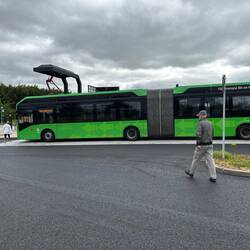 Electric bus with pantograph connected to fast charger