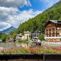 View of Lago di Alleghe & Col di Lana from the terrace of the restaurant — Alleghe, Italy.