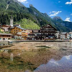 Town view; the restaurant where we ate is at the Sporthotel Europa — Alleghe, Italy.