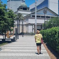 Walking to Riverside mall. Beignets for lunch