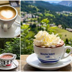 Mui got a macchiato; then jealous of my hot chocolate, he got one for himself (with panna [right]).